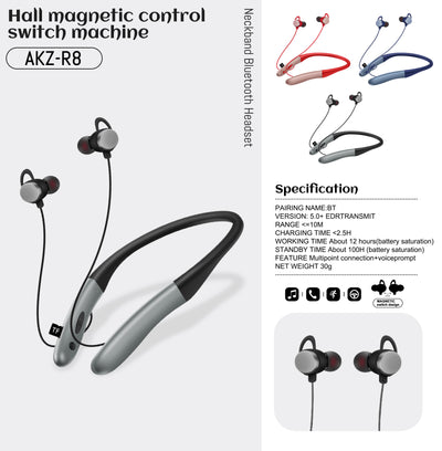 AKZ-R8 New Private Model Wireless Bluetooth Headset 5.0 Hanging Neck Sports Hall Magnetic Switch Stereo Headset - Korvel