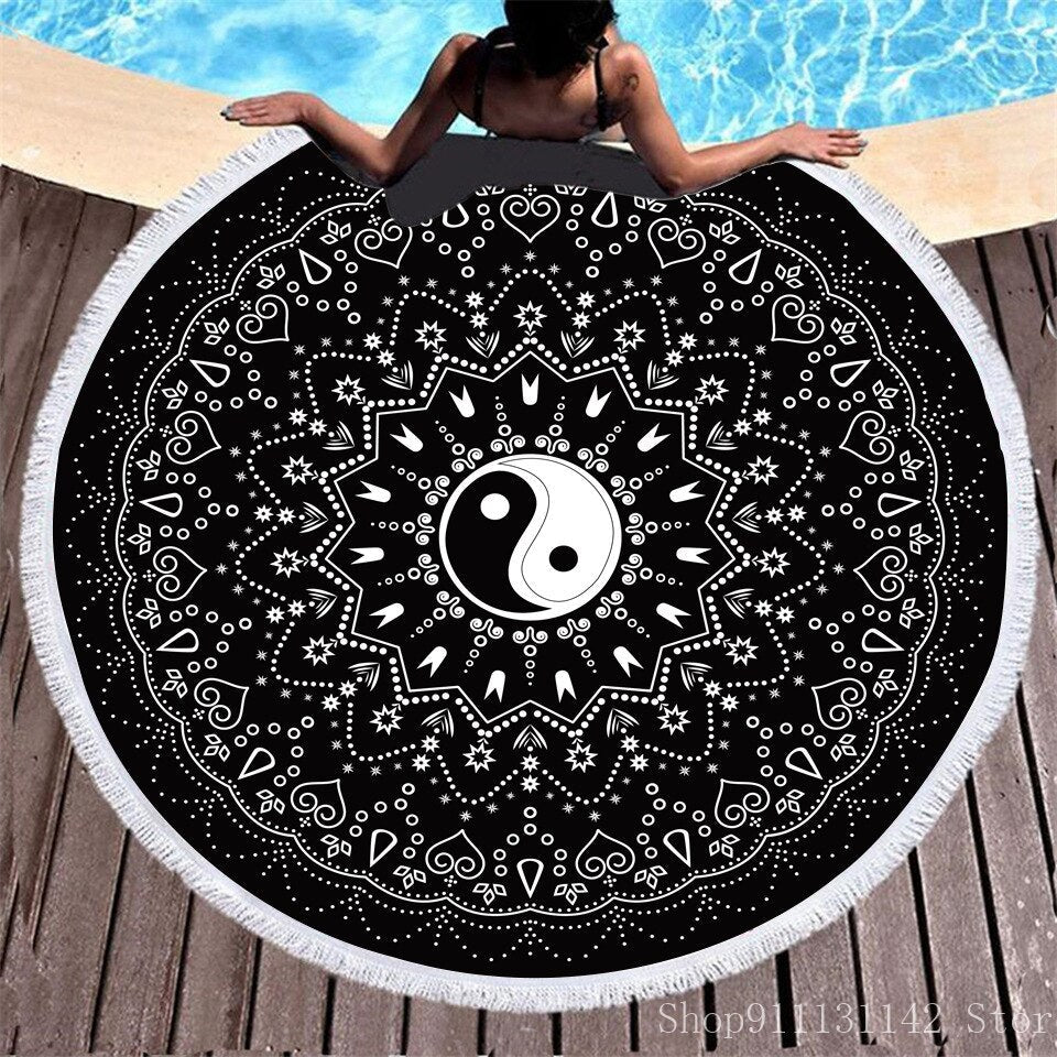 3d Bohemian Tai Chi Animal Digital Print Round Ribbon Beach Towel Swimming Yoga Picnic Mat Bikini Covered Napkin - Korvel