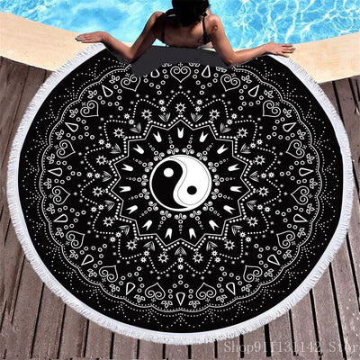 3d Bohemian Tai Chi Animal Digital Print Round Ribbon Beach Towel Swimming Yoga Picnic Mat Bikini Covered Napkin - Korvel