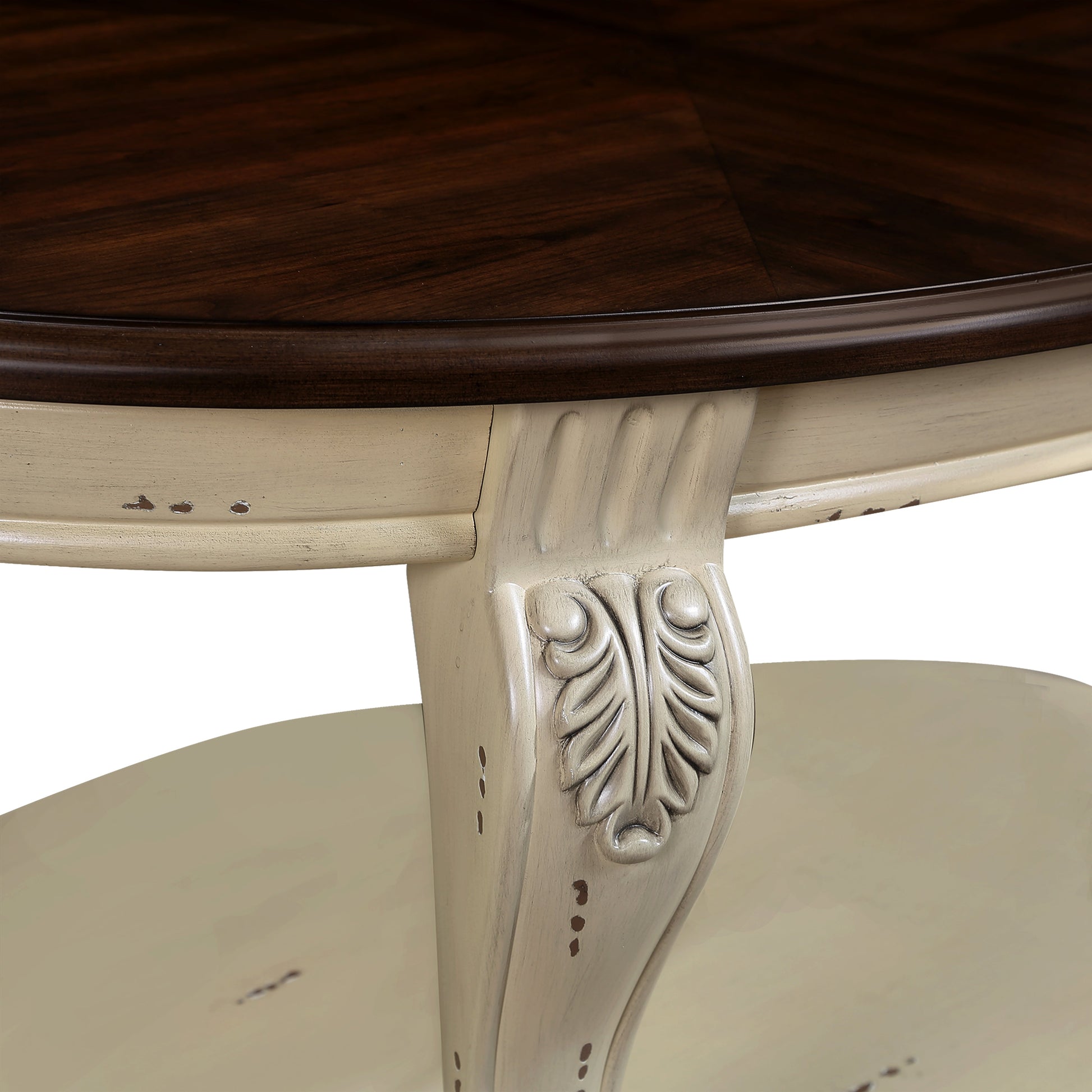 42 inch oval wooden coffee table, 2-story solid wood cocktail table with open storage rack, antique white and cherry tabletop - Korvel