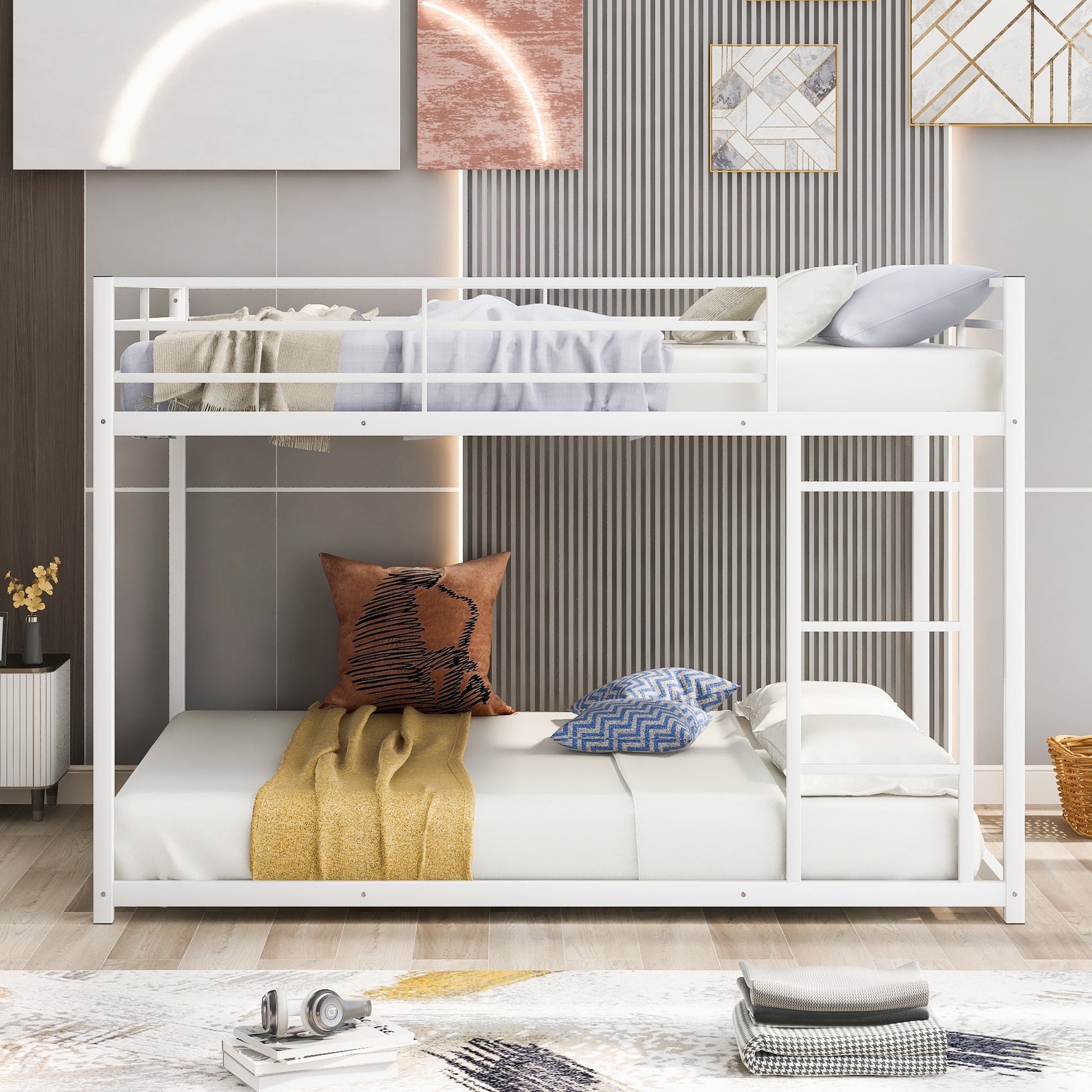 Full over Full Metal Bunk Bed, Low Bunk Bed with Ladder White - Korvel