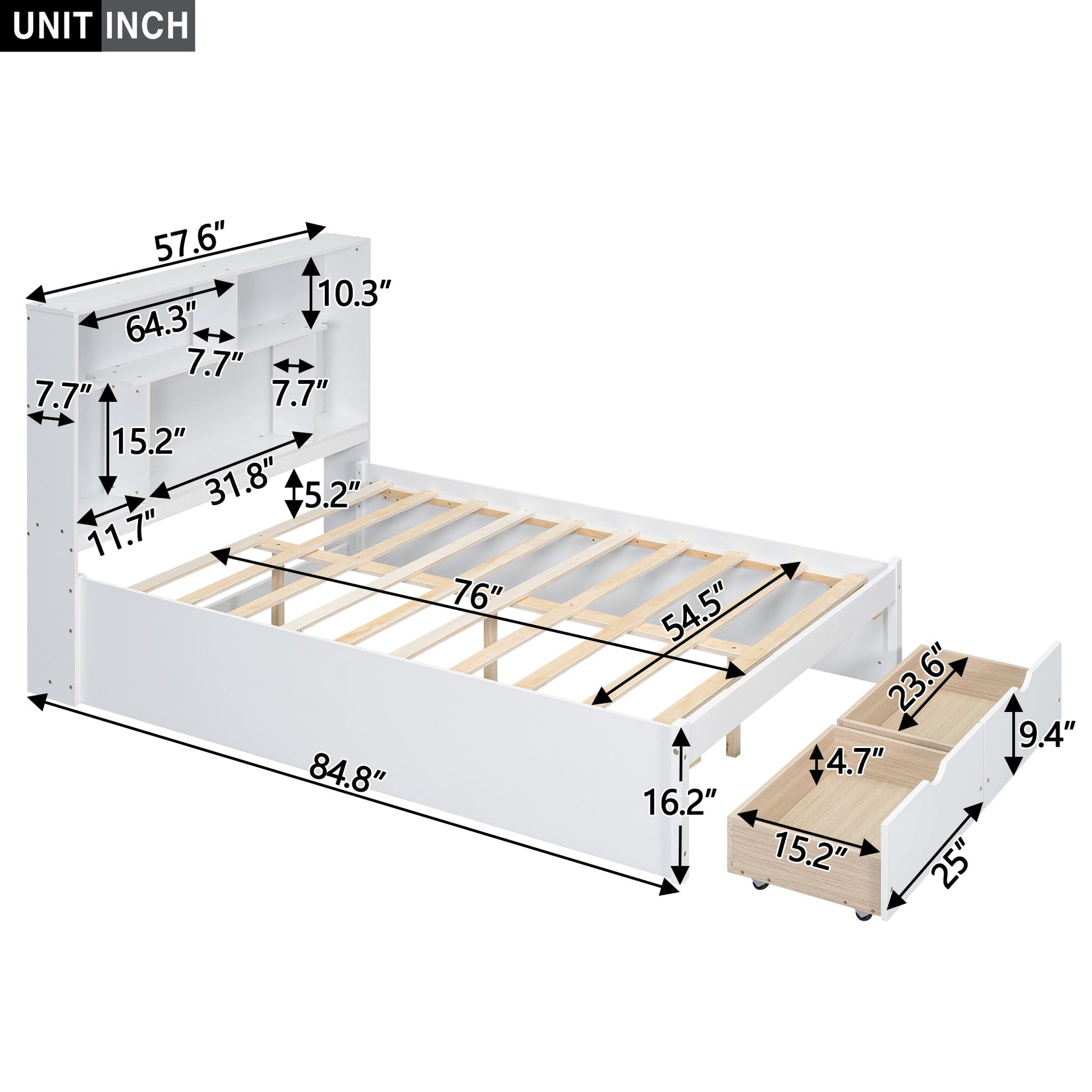 Full Size Platform Bed with Storage Headboard and 2 Drawers, White - Korvel