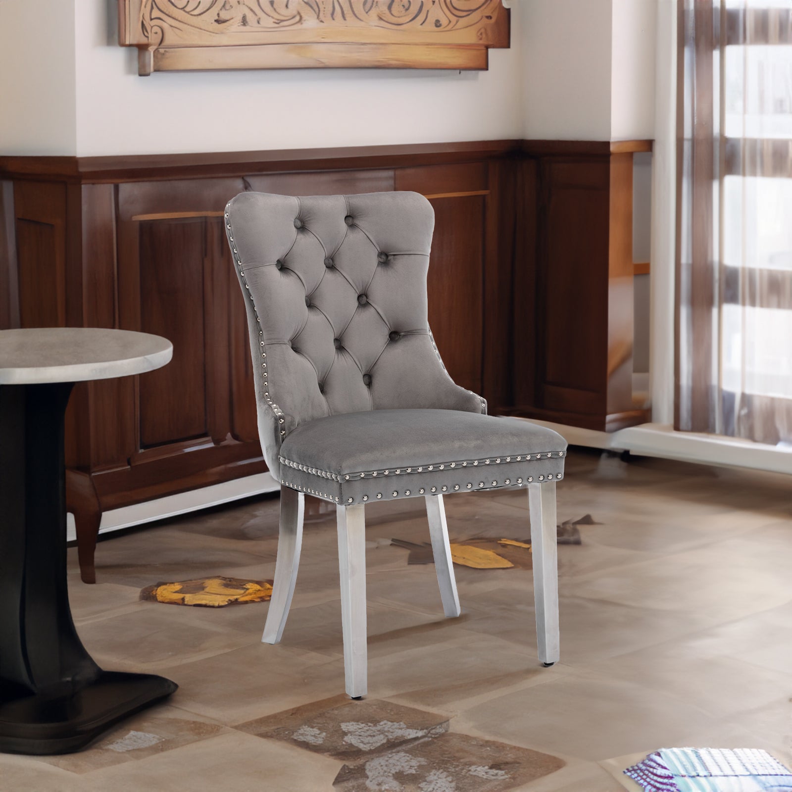 High end tufted solid wood velvet soft cushion dining chair chrome plated leg nail decoration gray and chrome two-piece set - Korvel