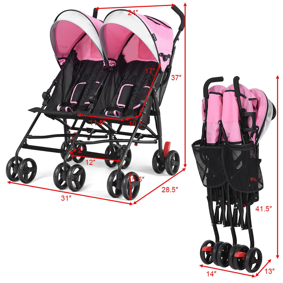 Gbruno Ultralight Foldable Twin Baby Double Stroller - Pink
