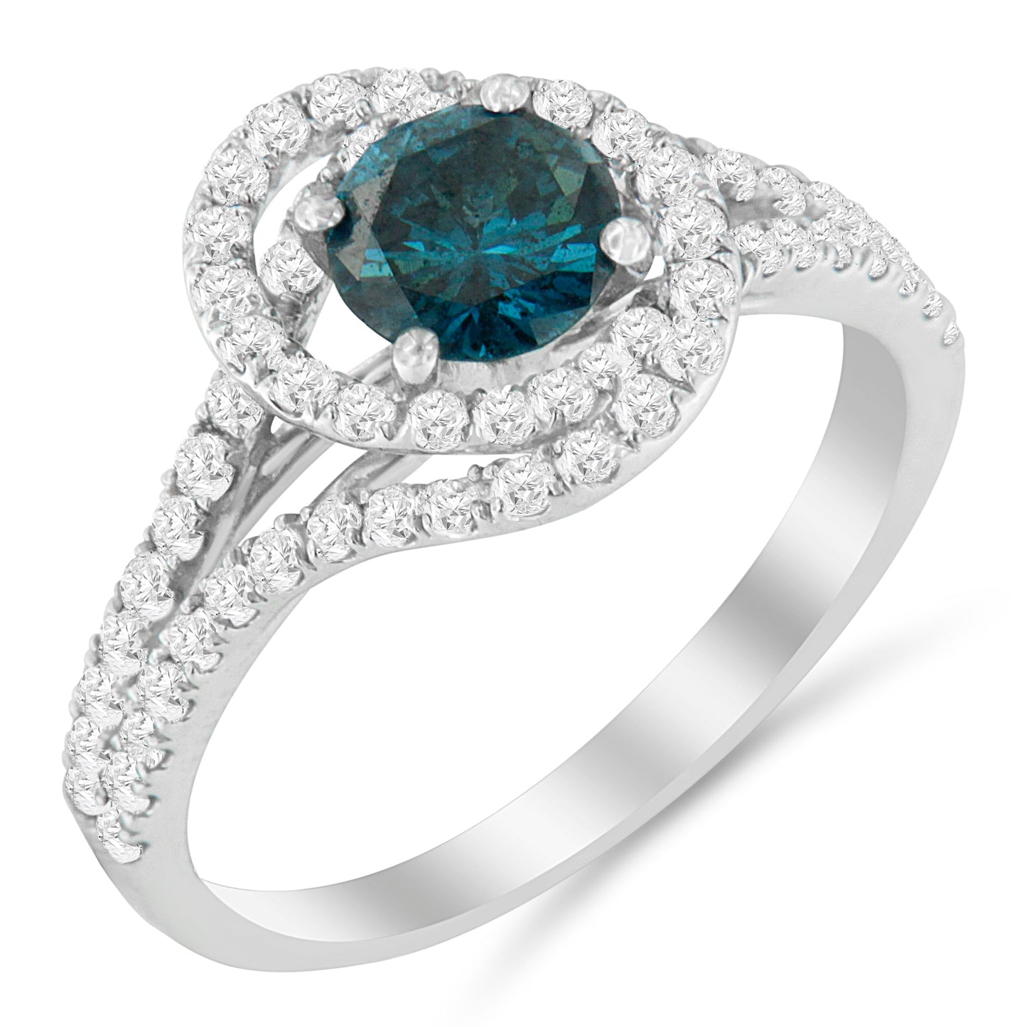 Anillo de cóctel doble halo de diamantes azules y blancos de oro blanco de 14 quilates - Talla 6