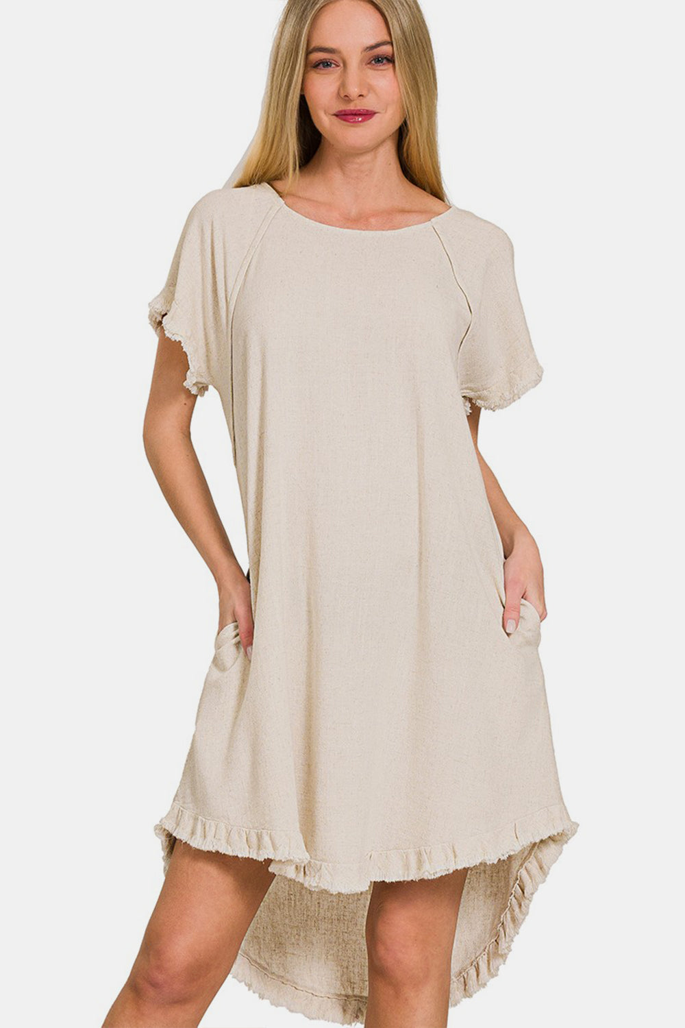 Vestido Flowy de Bajo Alto con Bordes de Flecos y Bolsillos