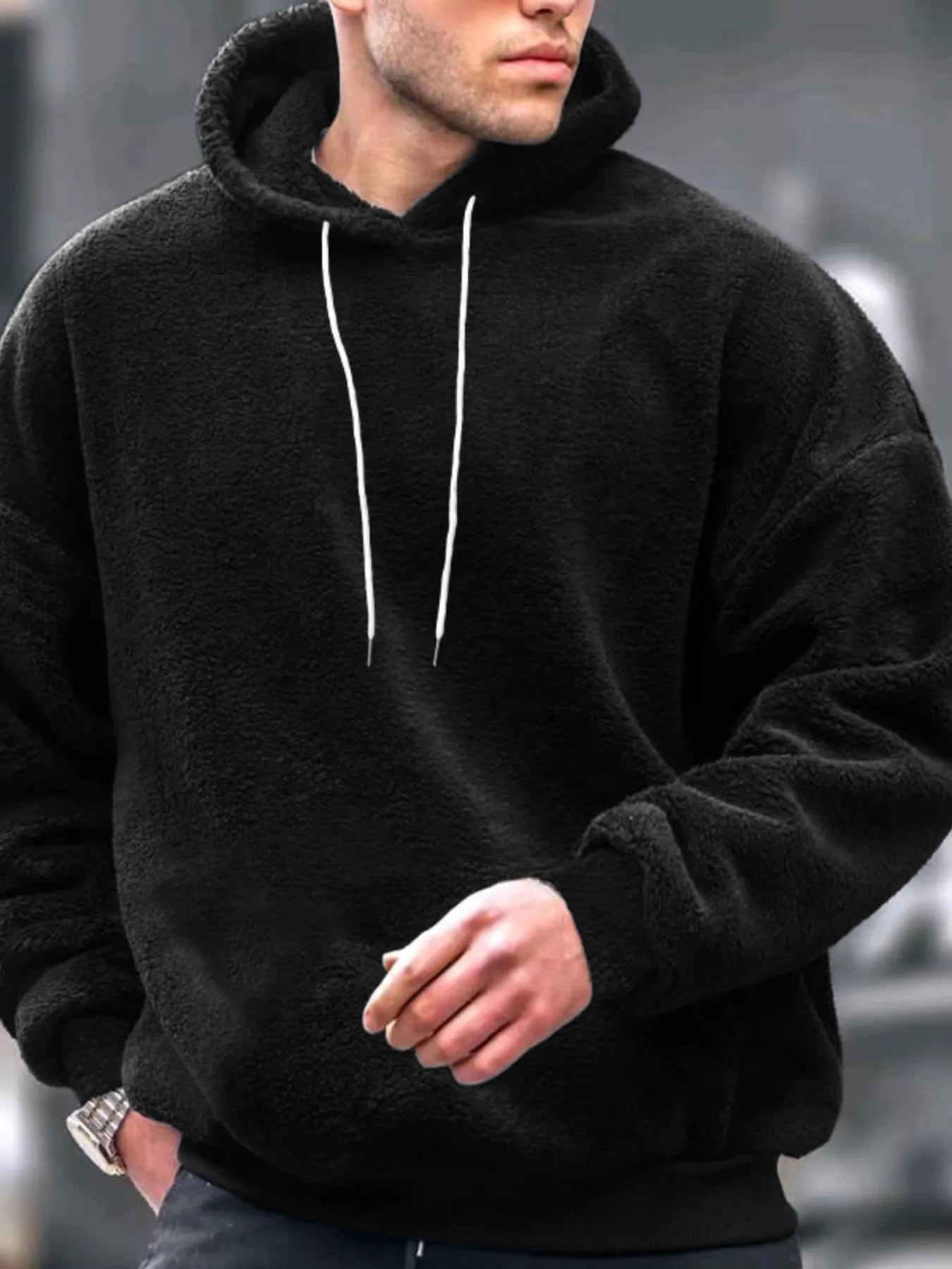 Hoodie en Fleece à Manches Longues avec Cordon de Serrage pour Homme