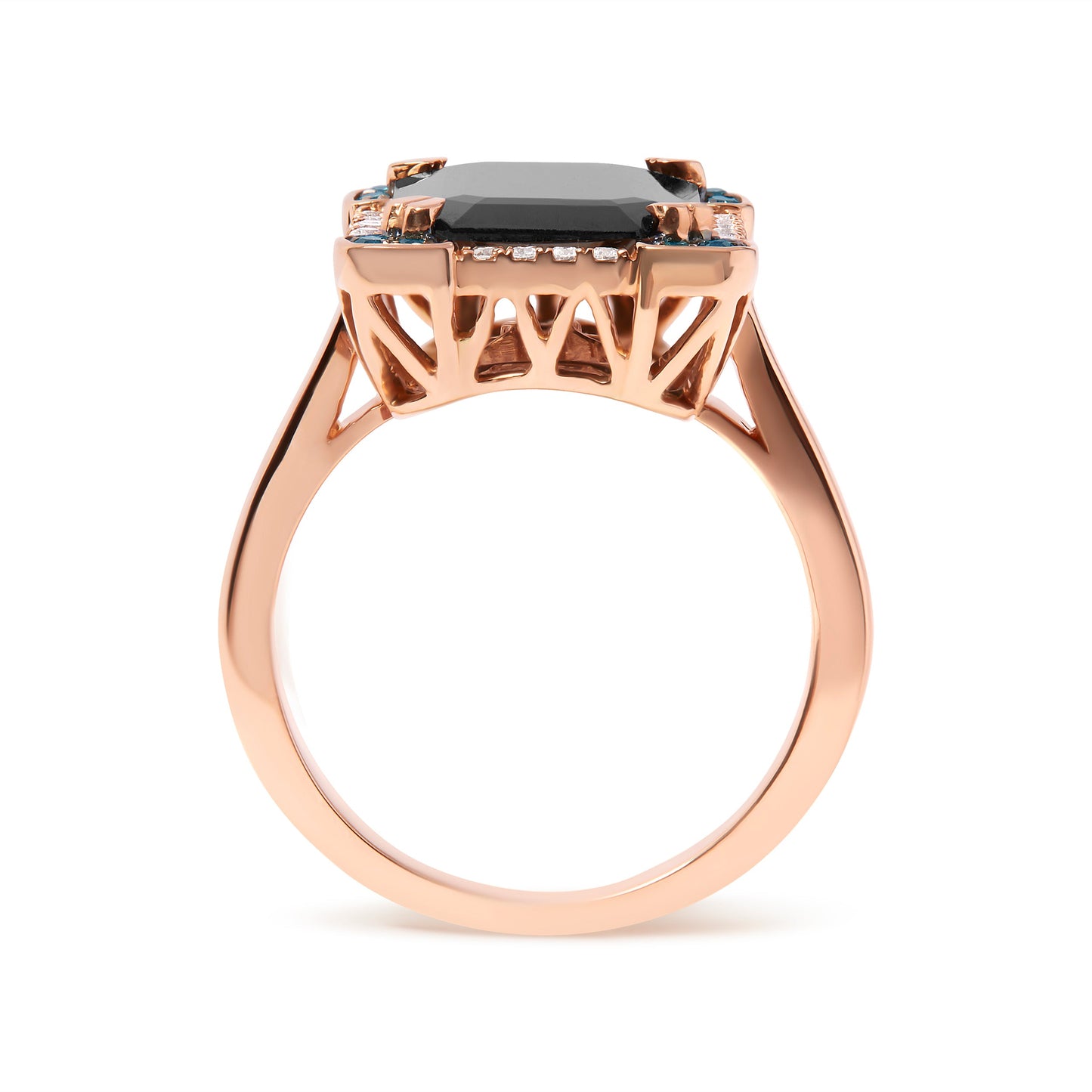 Anillo de cóctel de ónice negro y diamantes con halo en oro rosa de 14K - Talla 7