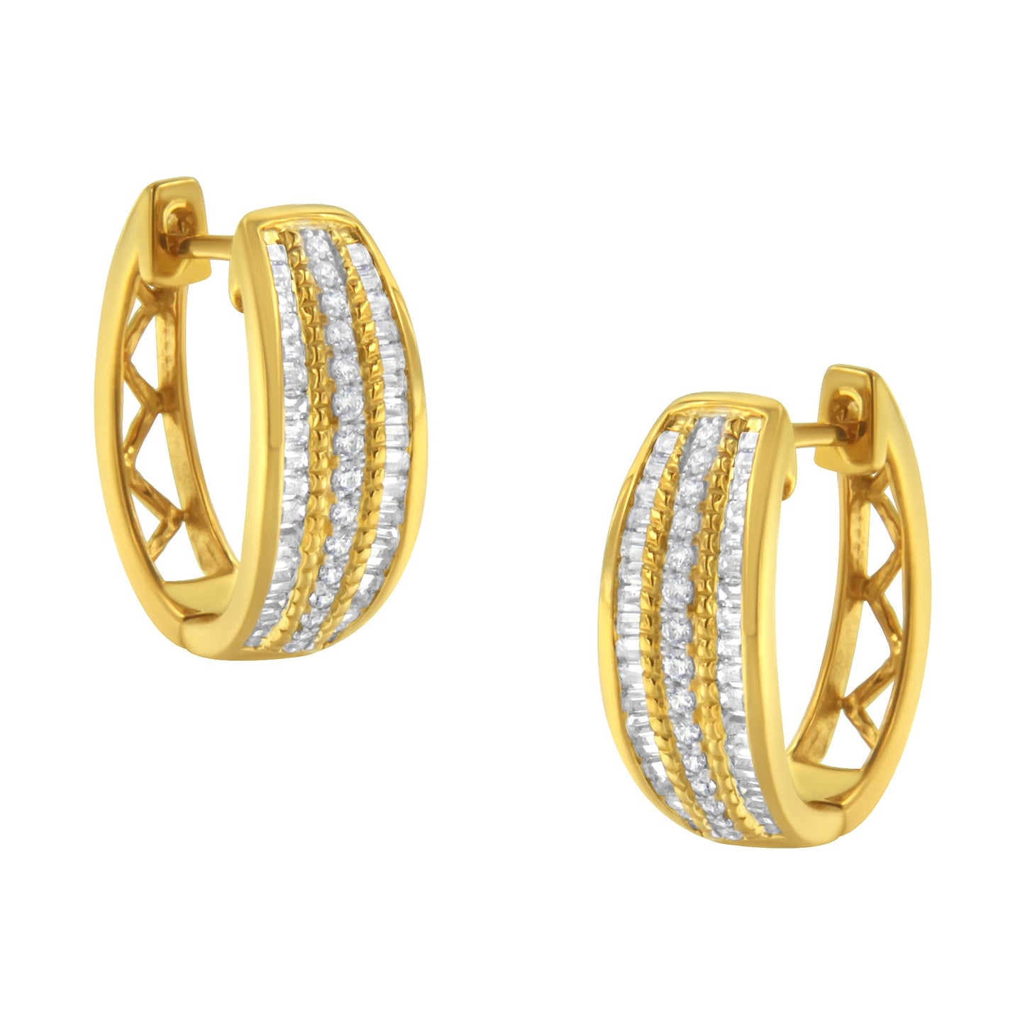 Boucles d'oreilles créoles en diamant triple rang en or jaune 10K