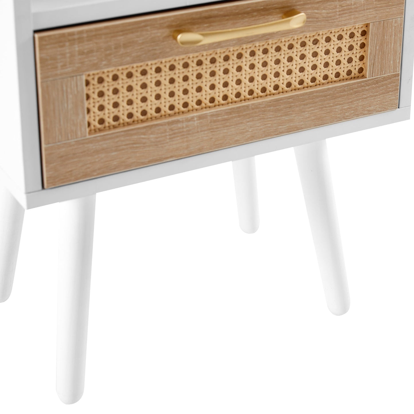 Table d'appoint en rotin blanc de 15,75" avec tiroir et pieds en bois massif