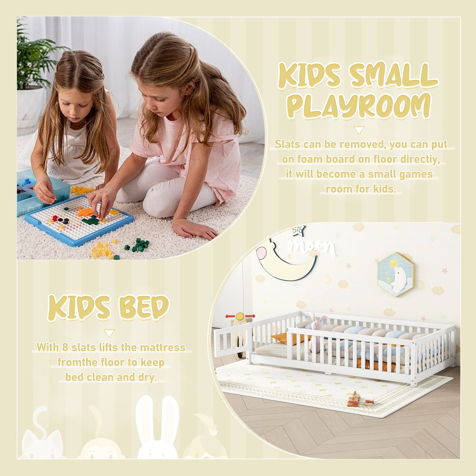 Twin Size Bed Floor Bed with Safety Guardrails and Door for Kids, White - Korvel