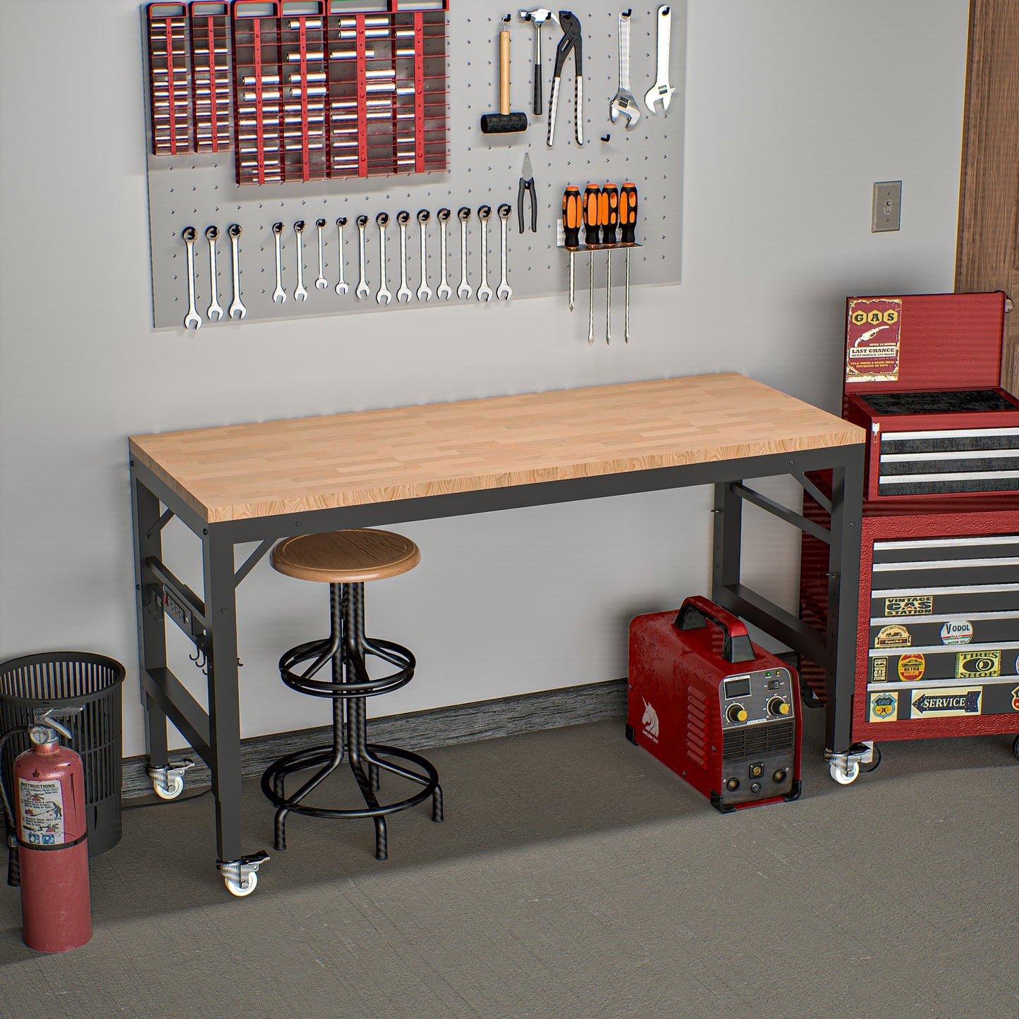 60 inch adjustable garage workbench, rubber wood heavy-duty workstation with power socket and wheels, 2000 pound load capacity - Korvel