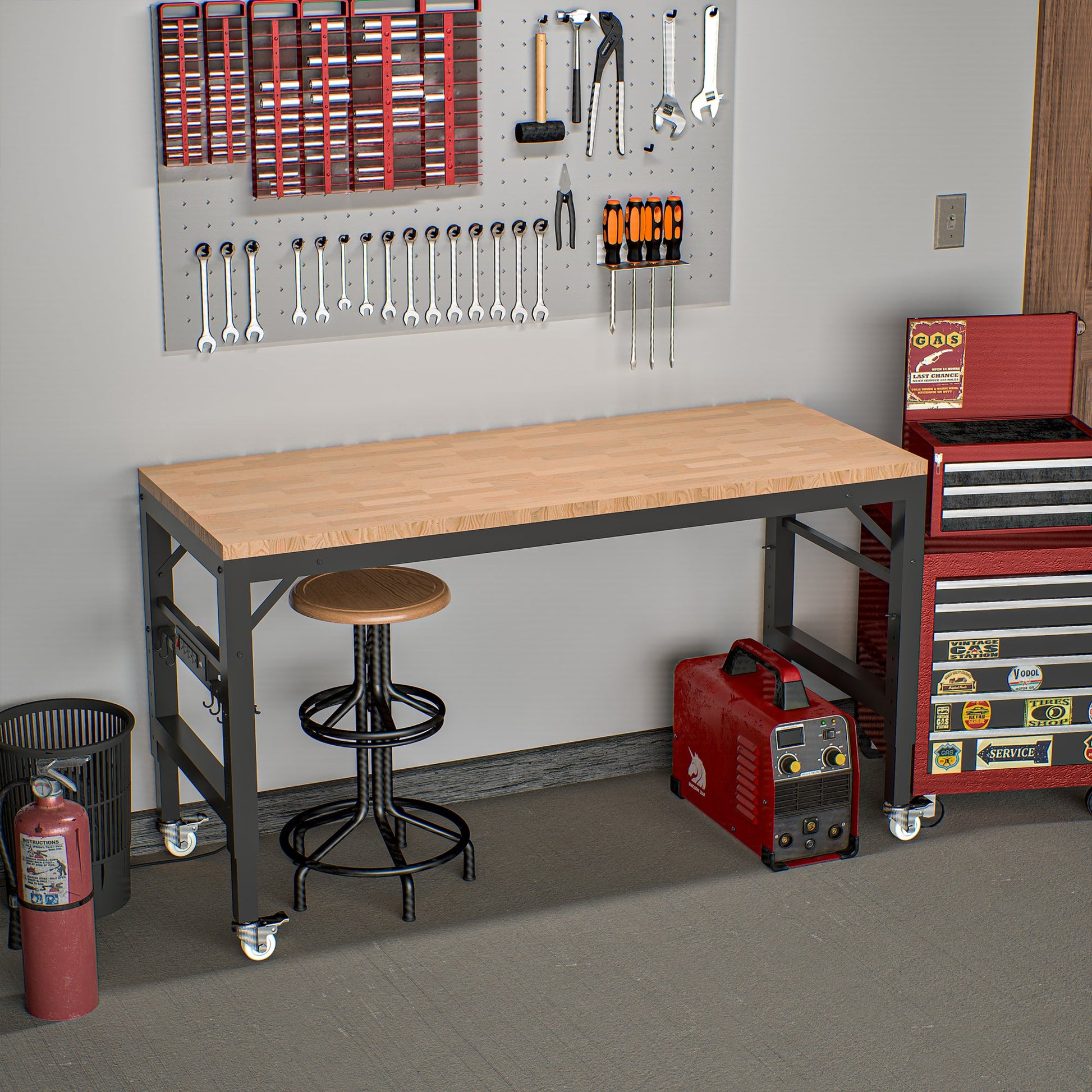 60 inch adjustable garage workbench, rubber wood heavy-duty workstation with power socket and wheels, 2000 pound load capacity - Korvel