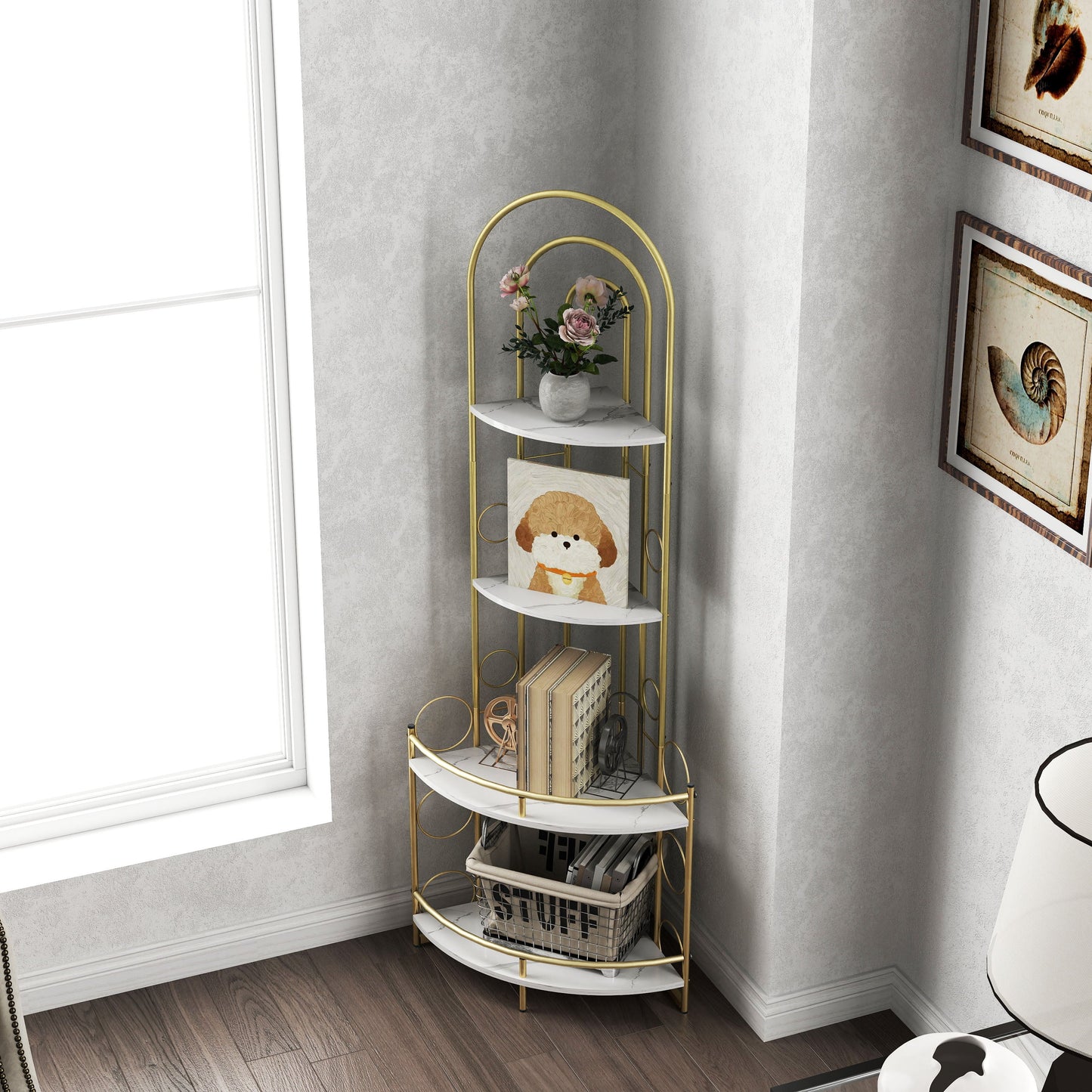 Gold 4-Tier Corner Bookshelf, Modern Style, Plant Stand with Metal Frame - Korvel