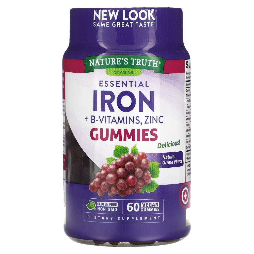 Gommes véganes de fer essentiel + B-vitamines et zinc de Nature's Truth - 60 unités