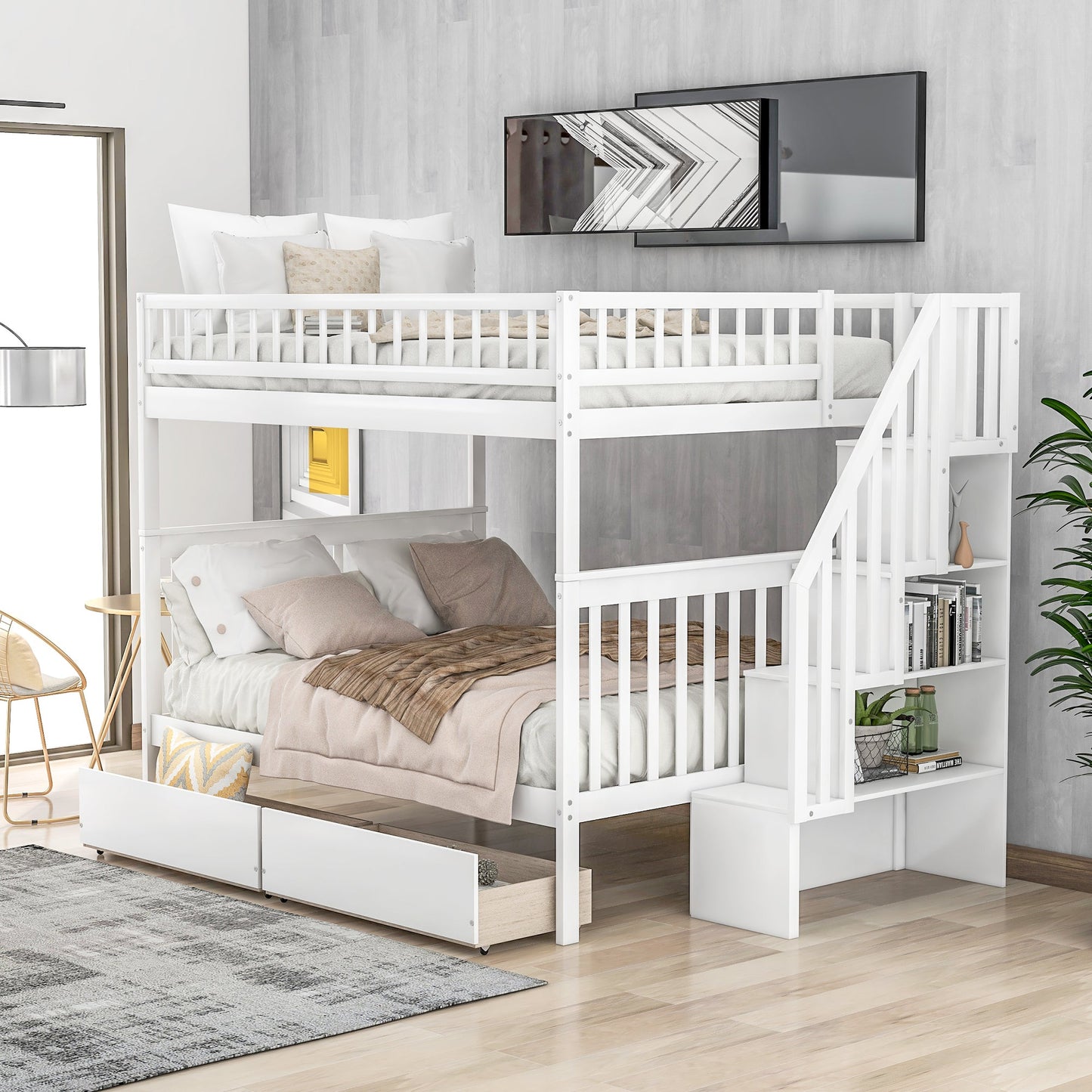 Full over Full Bunk Bed with Two Drawers and Storage White - Korvel