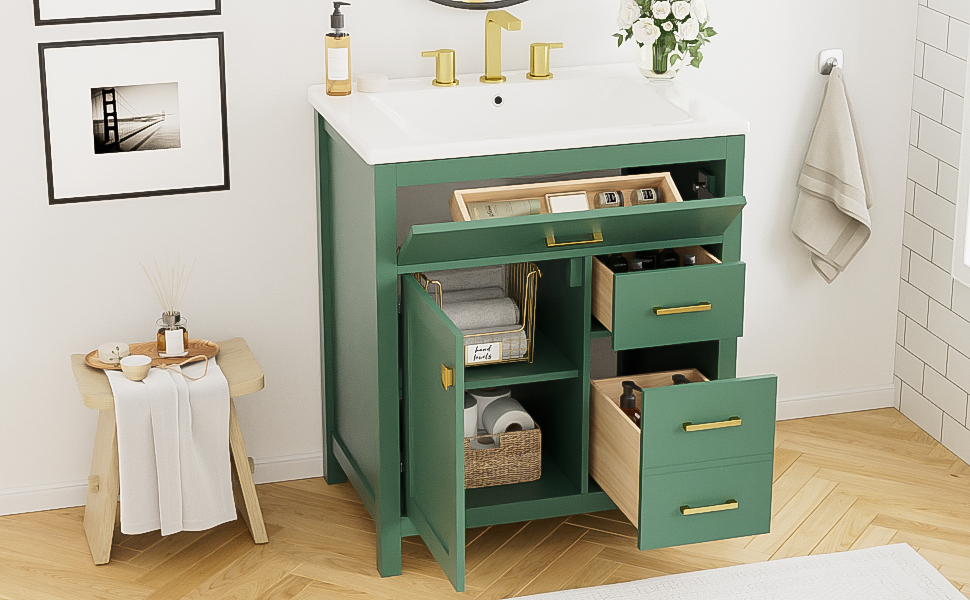 30-Inch Green Bathroom Vanity with Ceramic Sink