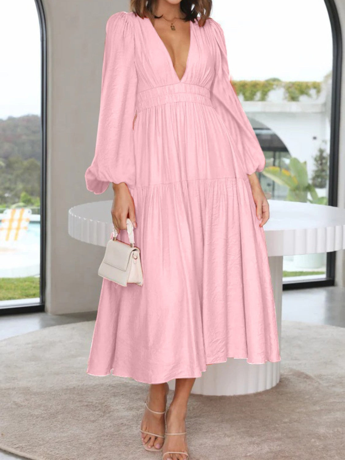 Elegant Lightweight Deep V-Neck Balloon Sleeve Maxi Dress