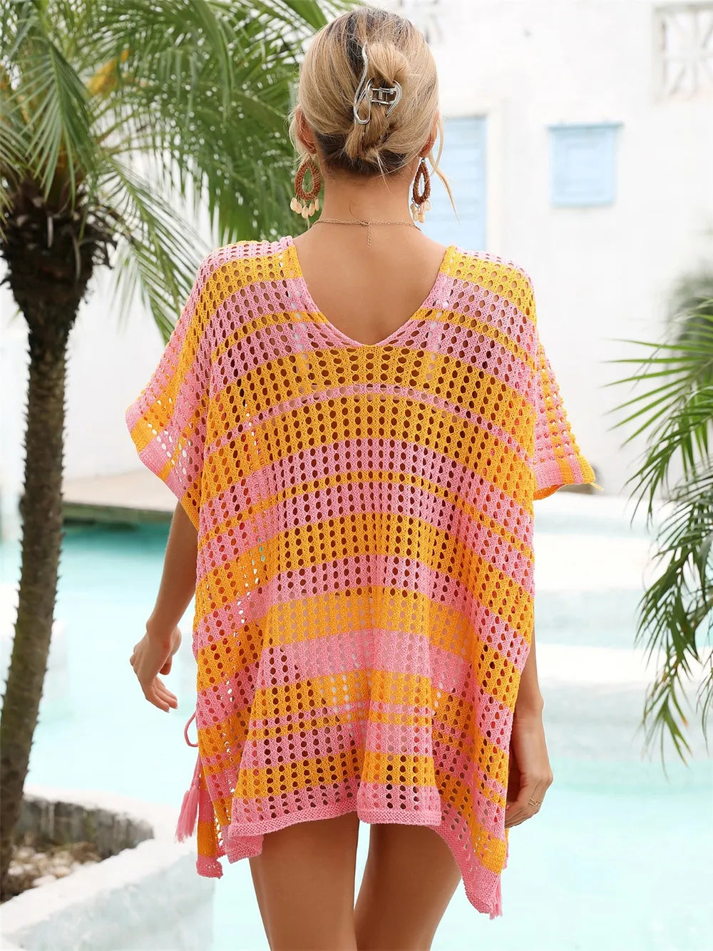 Tassel Openwork Striped V-Neck Cover Up - Korvel