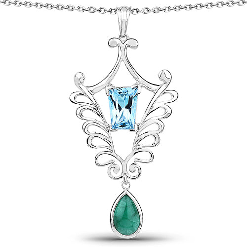 9.23 Carat Genuine Emerald and Swiss Blue Topaz Pendant