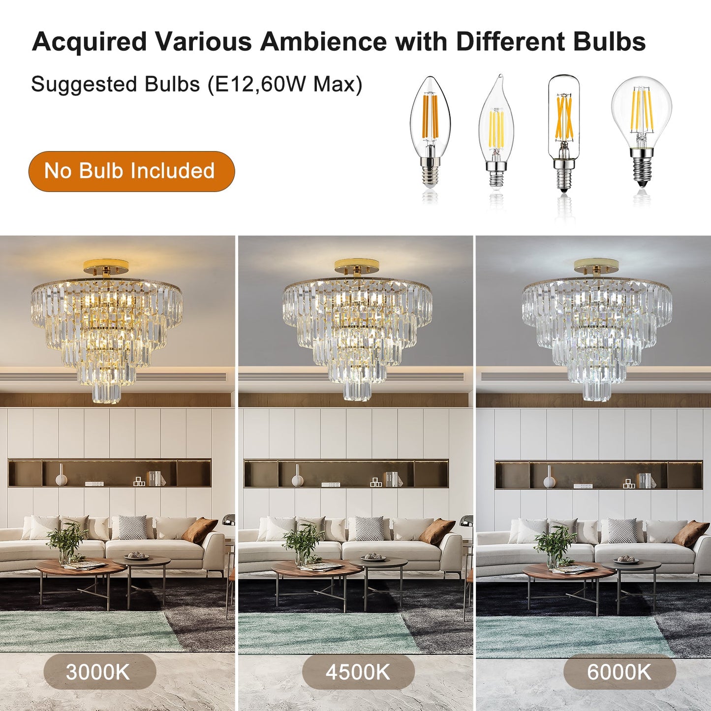 Gold Crystal Chandeliers,5-Tier Round Semi Flush Mount Chandelier Light Fixture,Large Contemporary Luxury Ceiling Lighting - Korvel