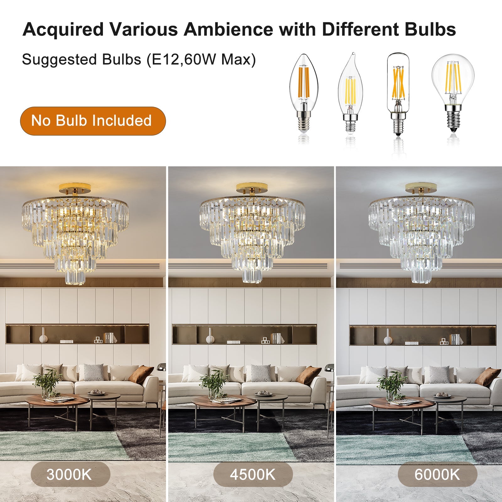 Gold Crystal Chandeliers,5-Tier Round Semi Flush Mount Chandelier Light Fixture,Large Contemporary Luxury Ceiling Lighting - Korvel