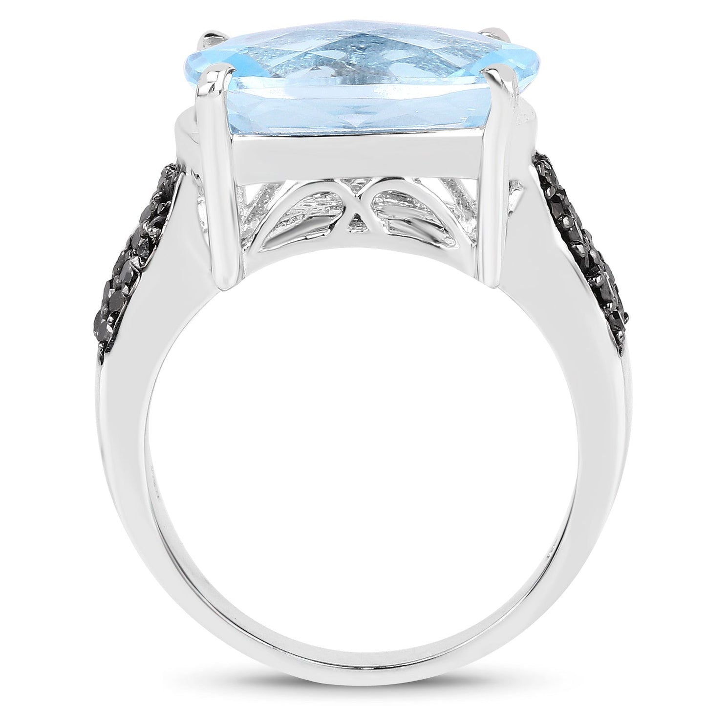 Anillo de plata esterlina con topacio azul suizo de 3.96 quilates y diamantes negros