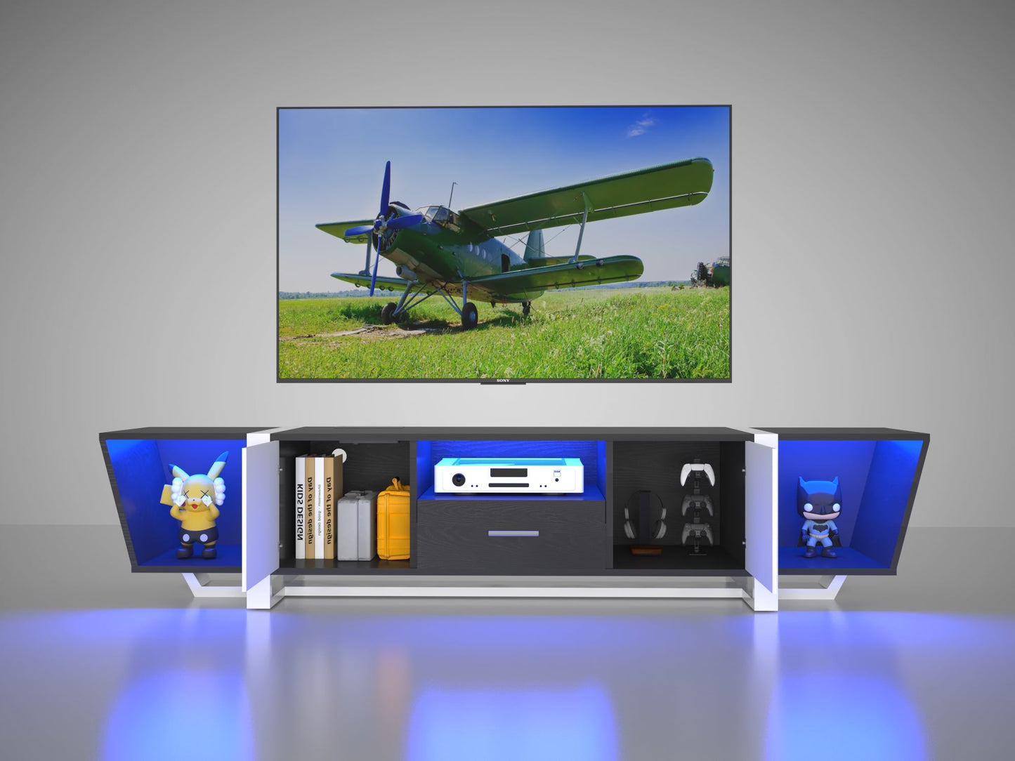 Console TV noire moderne avec rangement et éclairage LED