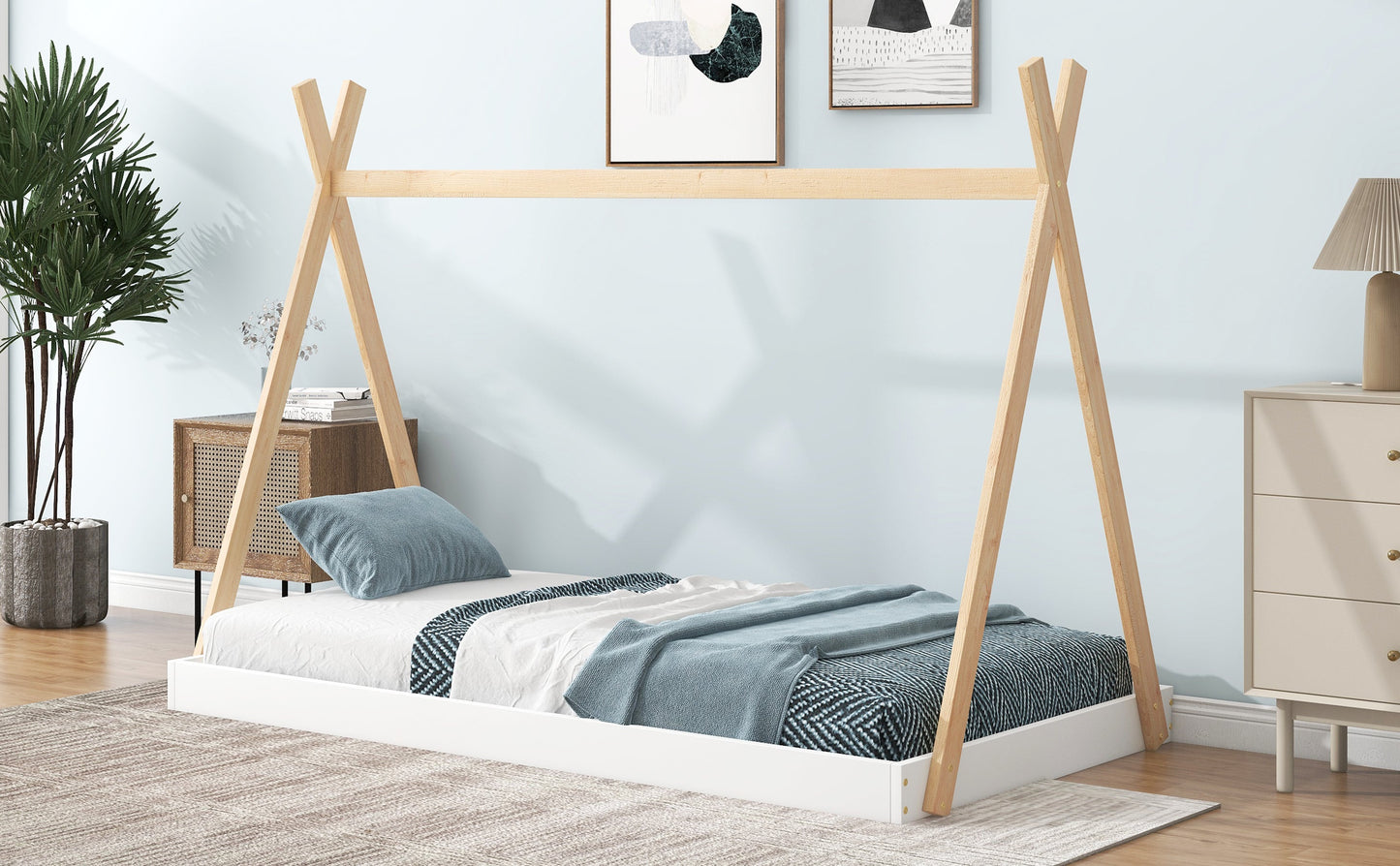 Twin Size Tent Floor Bed with Triangle Structure  White+Natural - Korvel