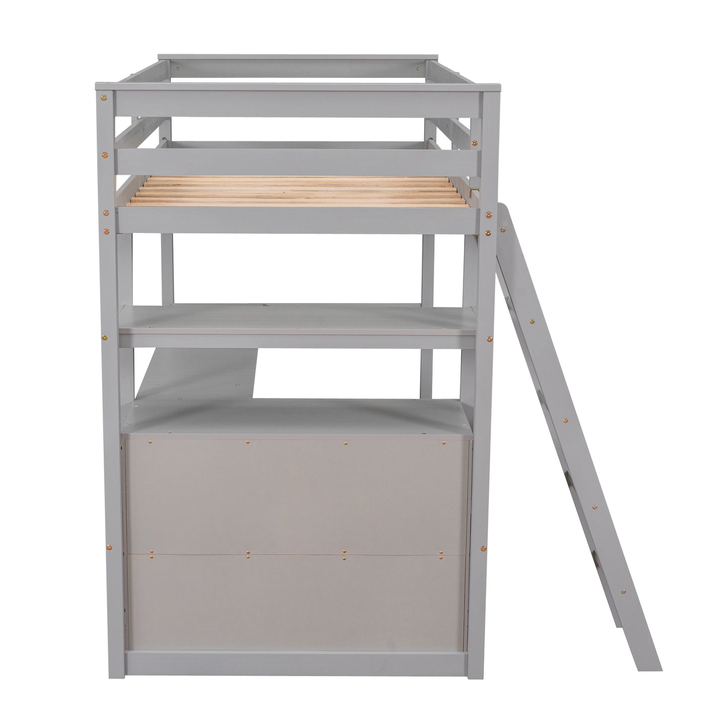 Twin Size Loft Bed with Desk and Shelves, Two Built-in Drawers, Gray - Korvel