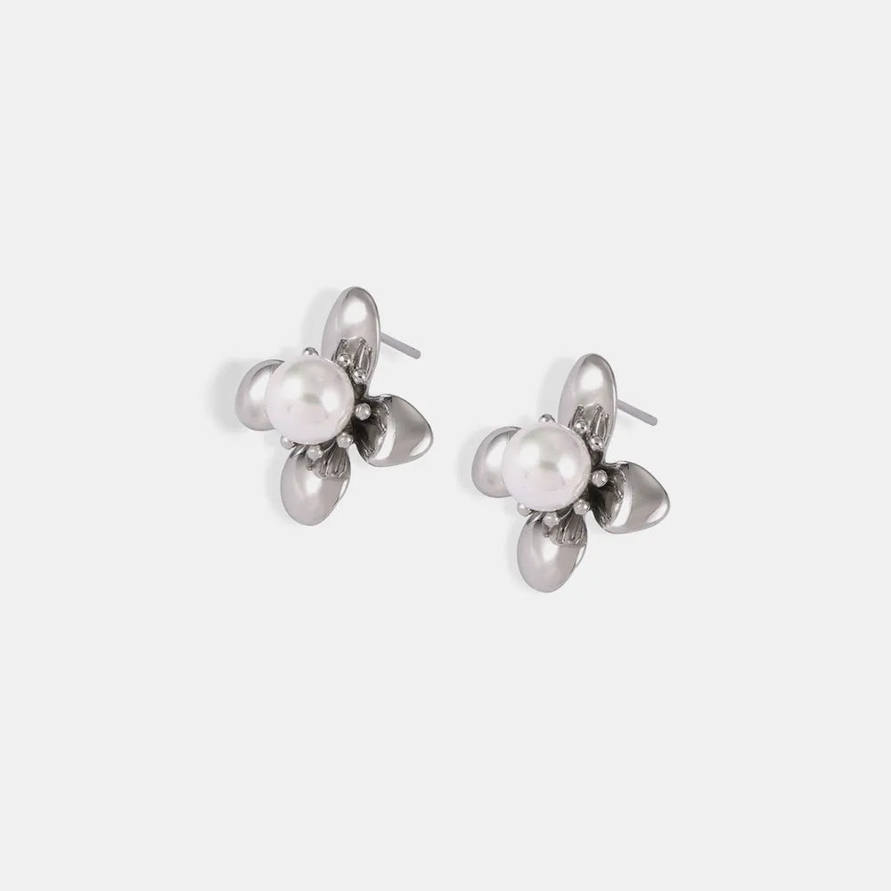 Synthetic Pearl Titanium Steel Flower Earrings - Korvel