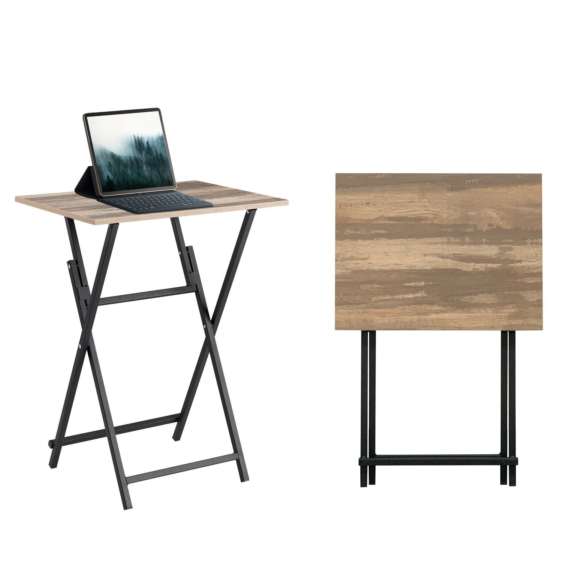 2-piece folding TV tray table without assembly, portable sofa side table, brown and black - Korvel