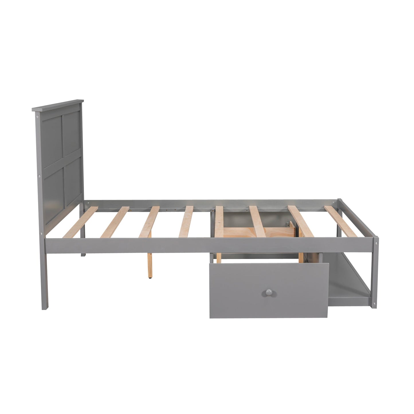 Full Size Platform Bed with Drawer on the Each Side and Shelf on the End of the Bed Gray - Korvel