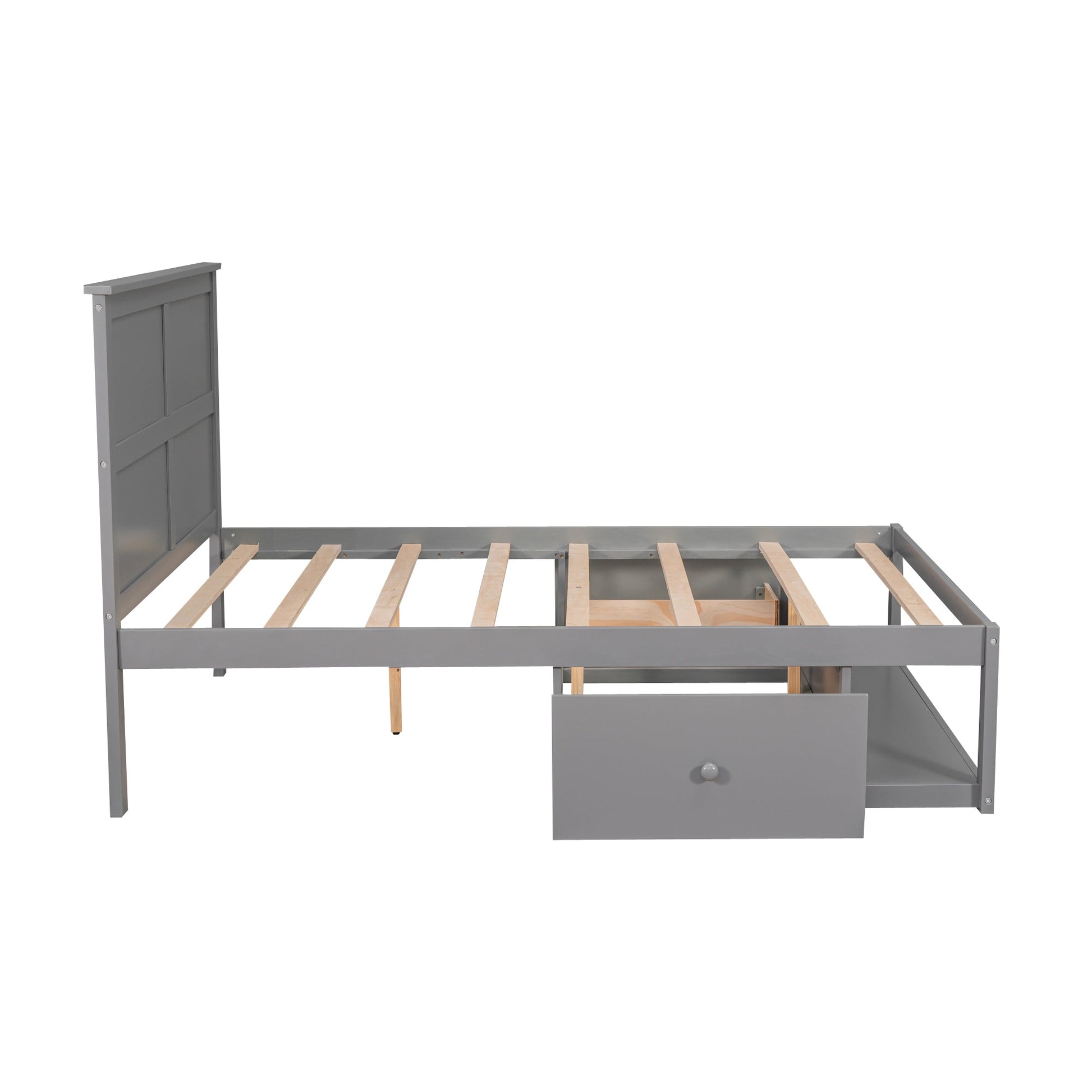 Full Size Platform Bed with Drawer on the Each Side and Shelf on the End of the Bed Gray - Korvel