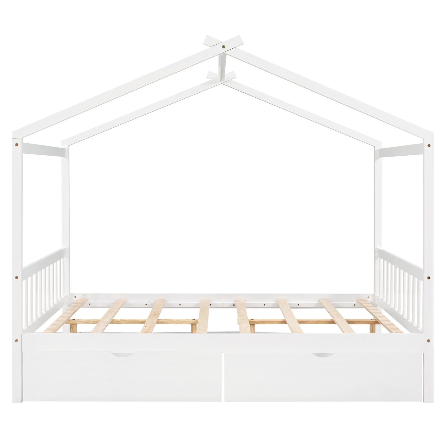 Full Size House Platform Bed with Two Drawers Headboard and Footboard,Roof Design White - Korvel