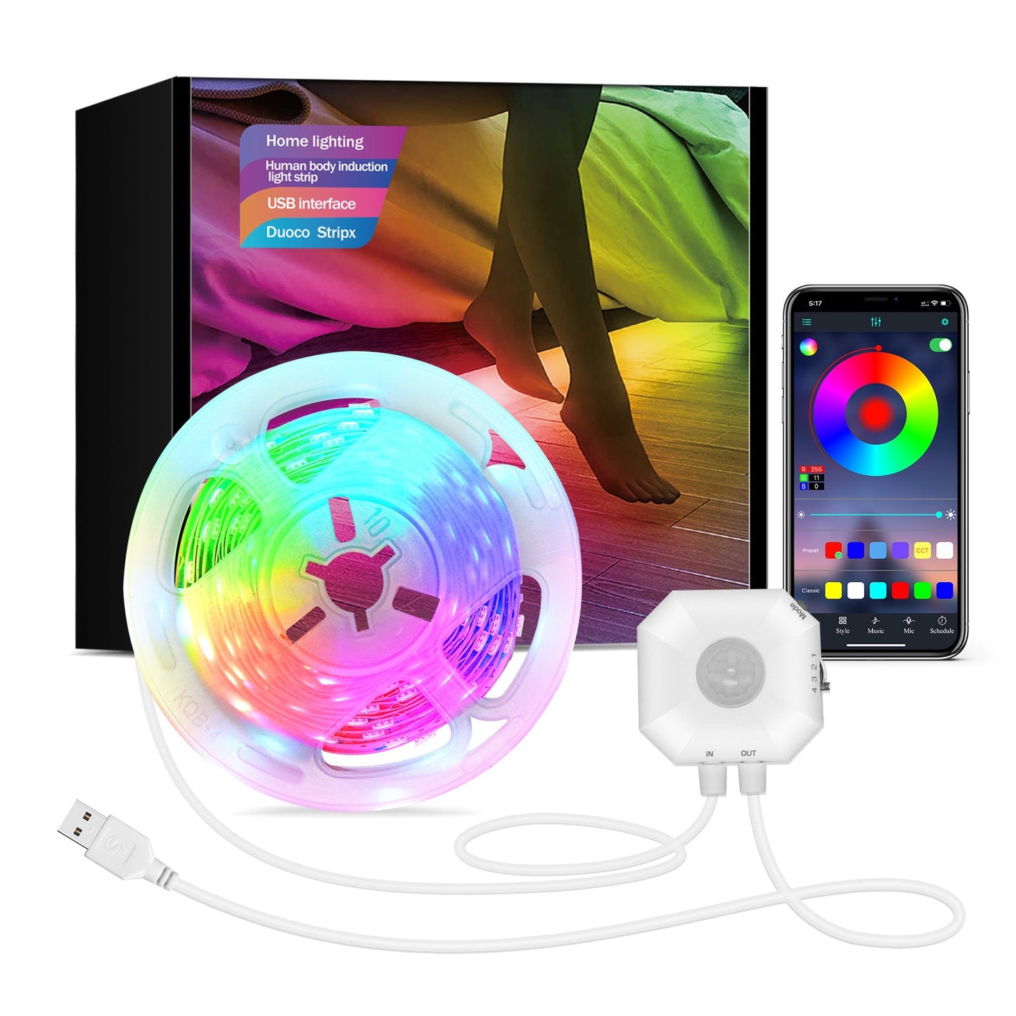 Colorful Bluetooth App Human Body Sensing Bedside Lamp with USB 5V 5050 Bedroom Induction - Korvel