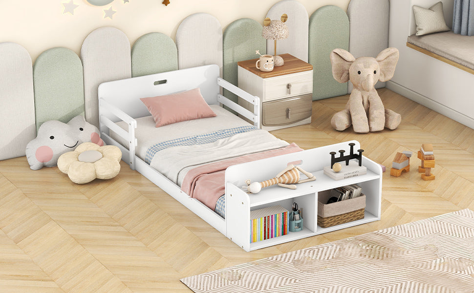 Twin Size Floor Bed with Storage Footboard and Guardrail, White - Korvel