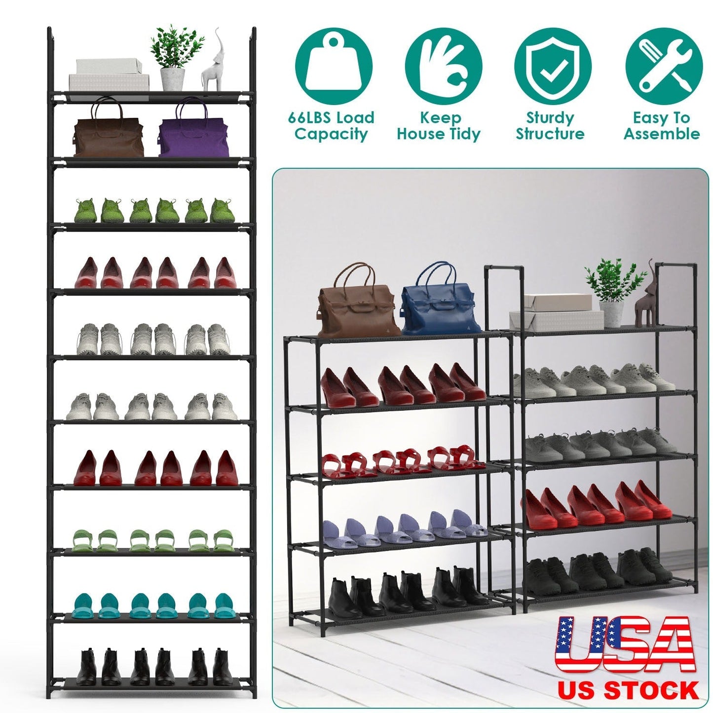 10-Tier Space-Saving Shoe Rack for 25-30 Pairs