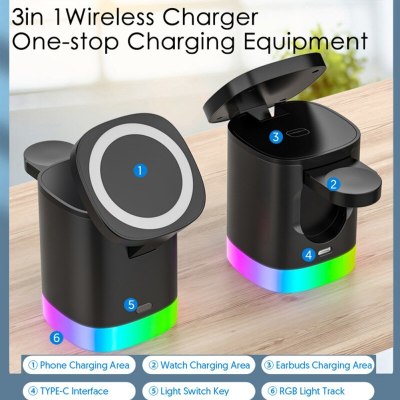 3 In 1 Magnetic Wireless Fast Charger For Smart Phone RGB Ambient Light Charging Station For Airpods IWatch - Korvel