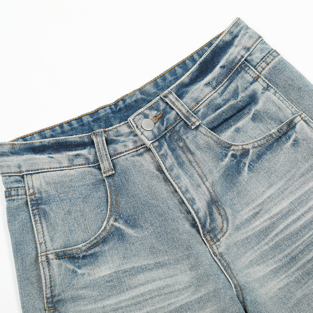 Punk Washed Gradient Wave Pattern Denim Pants Men's Loose Wide Leg Long Trousers Vibe Trendy Distressed Straight Leg Jeans - Korvel