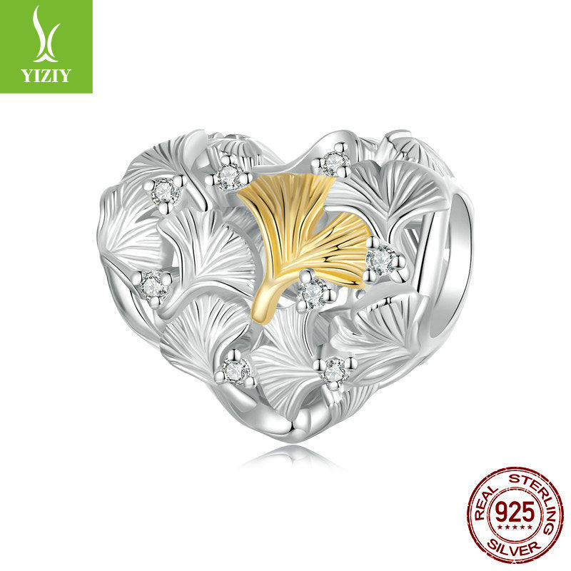 Silver Charm Ginkgo Leaf Splicing Love DIY Bracelet Beads Loose Beads Romantic Autumn Leaves s925 Pure Silver Beads - Korvel