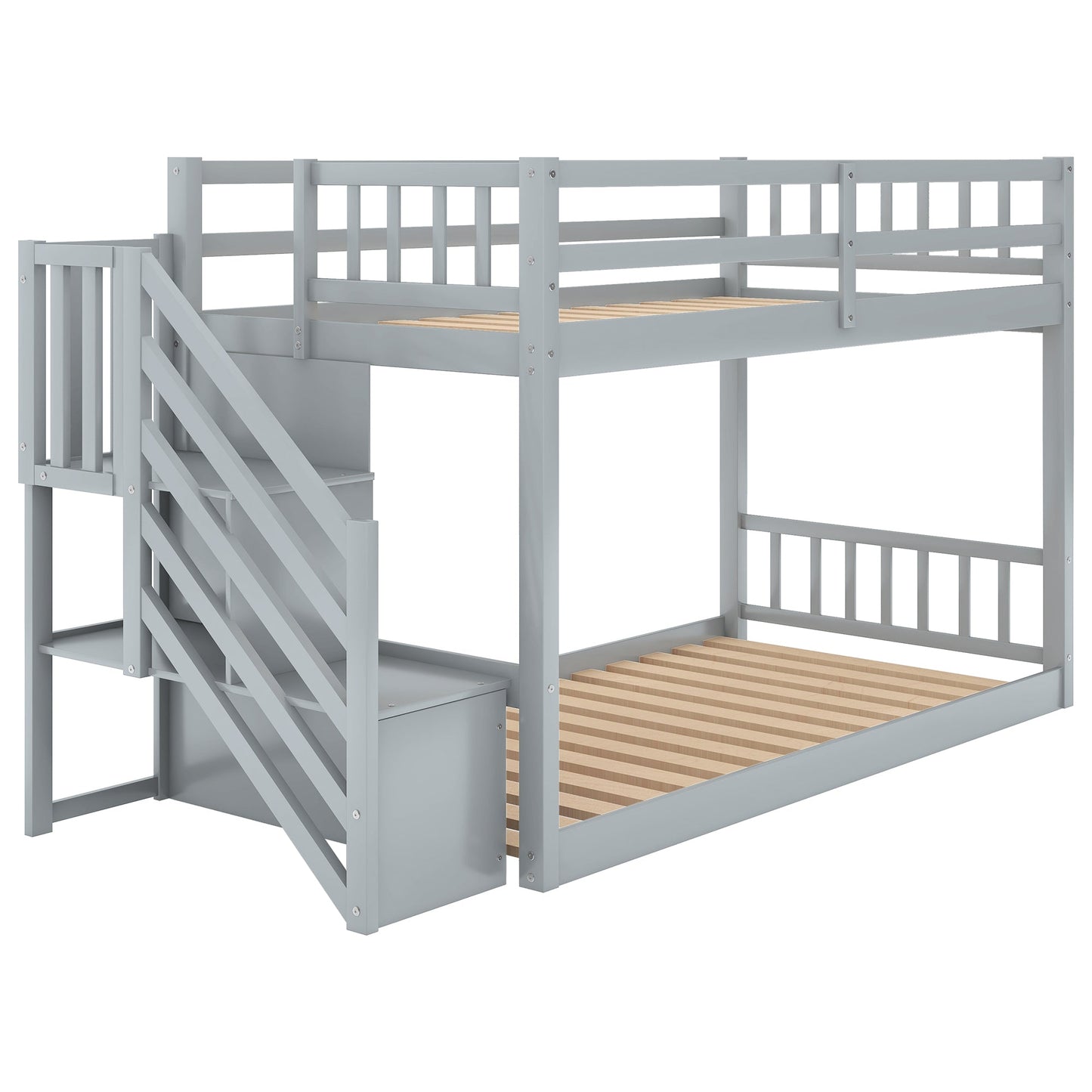 Twin over Twin Floor Bunk Bed, Ladder with Storage  Gray - Korvel