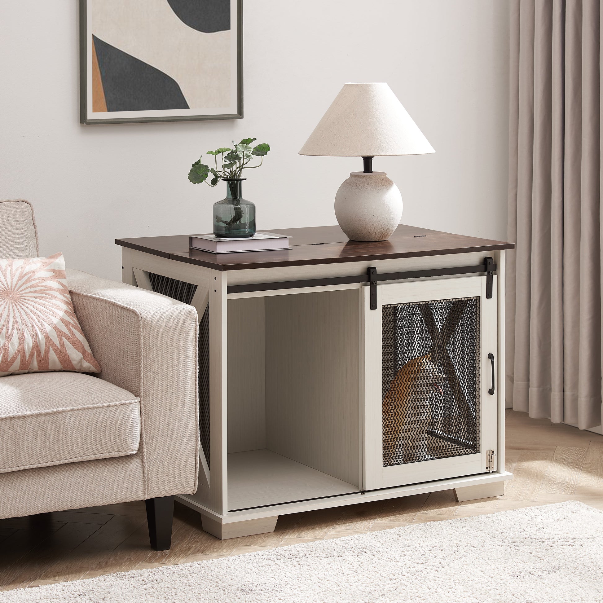 Farm kennel Flat noodles furniture with sliding barn door, farm wooden kennel end table, dog house with removable partition - Korvel