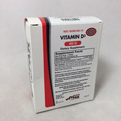 Tabletas de Vitamina D3 400 IU de AvKare - 50 Contenido