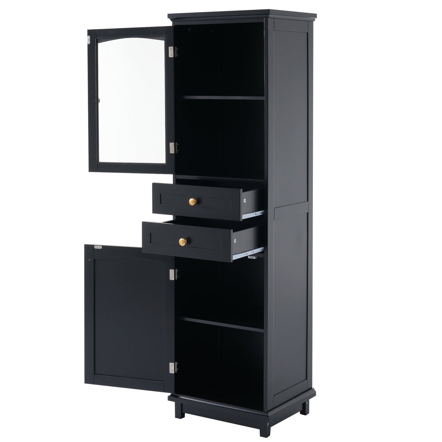 Tall Bathroom Storage Cabinet with Glass Doors, Free-Standing, Two Drawers, and Adjustable Shelves, MDF Board, Painted Black - Korvel