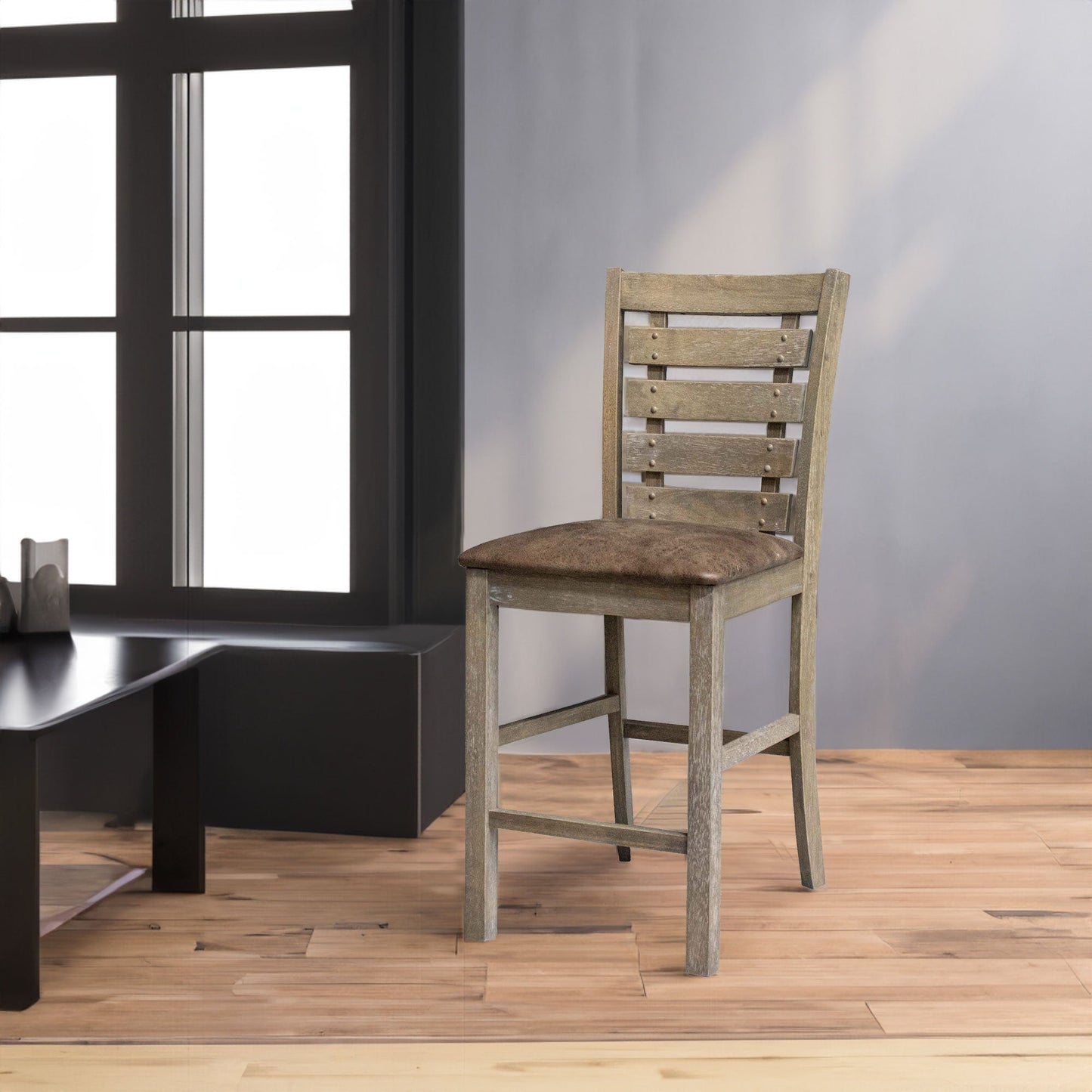 Set of 2 Dining Counter Height Chairs Modern Farmhouse Rustic Look Distressed Design Ladderback Solid Wood - Korvel