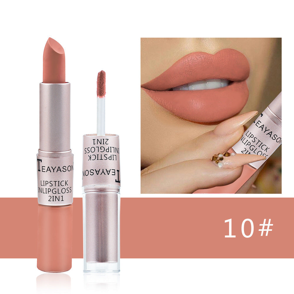 Double-Headed Non-Stick Cup Matte Matte Lip Gloss Two-In-One Matte Bean Paste Does Not Fade With Cup Lipstick Female - Korvel