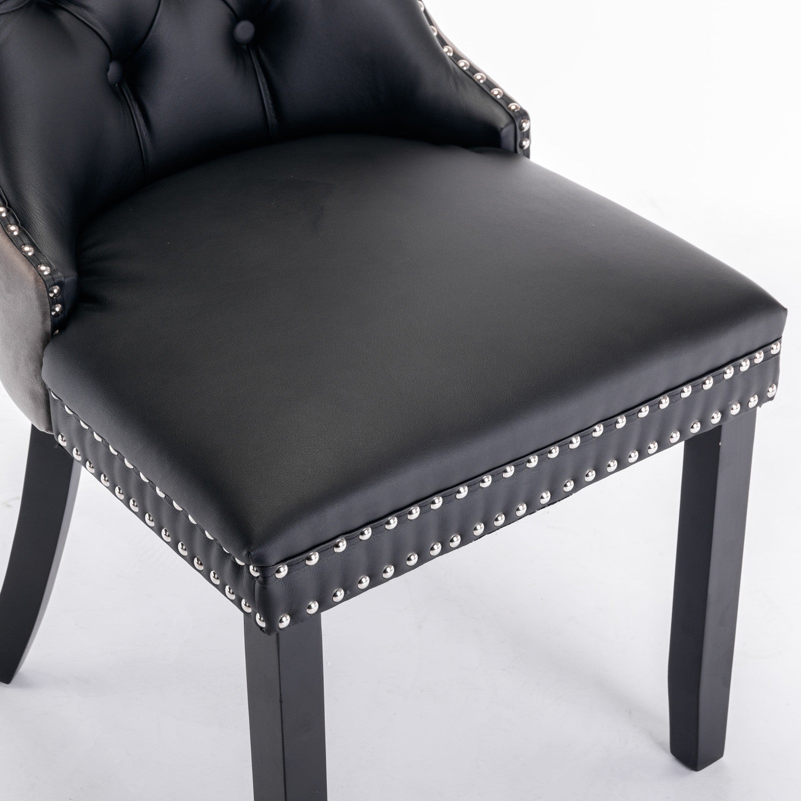 Tufted Solid Wood Contemporary PU and Velvet Upholstered Dining Chair with Wood Legs Nailhead Trim 2-Pcs Set Black+Gray - Korvel
