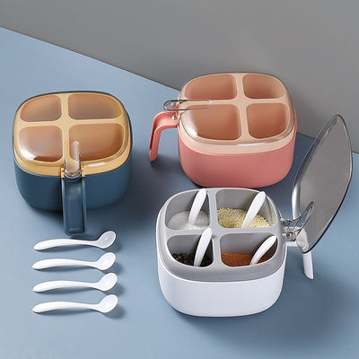 Caja de Condimentos de Cuatro Compartimentos de Color Contrastante con Cuchara