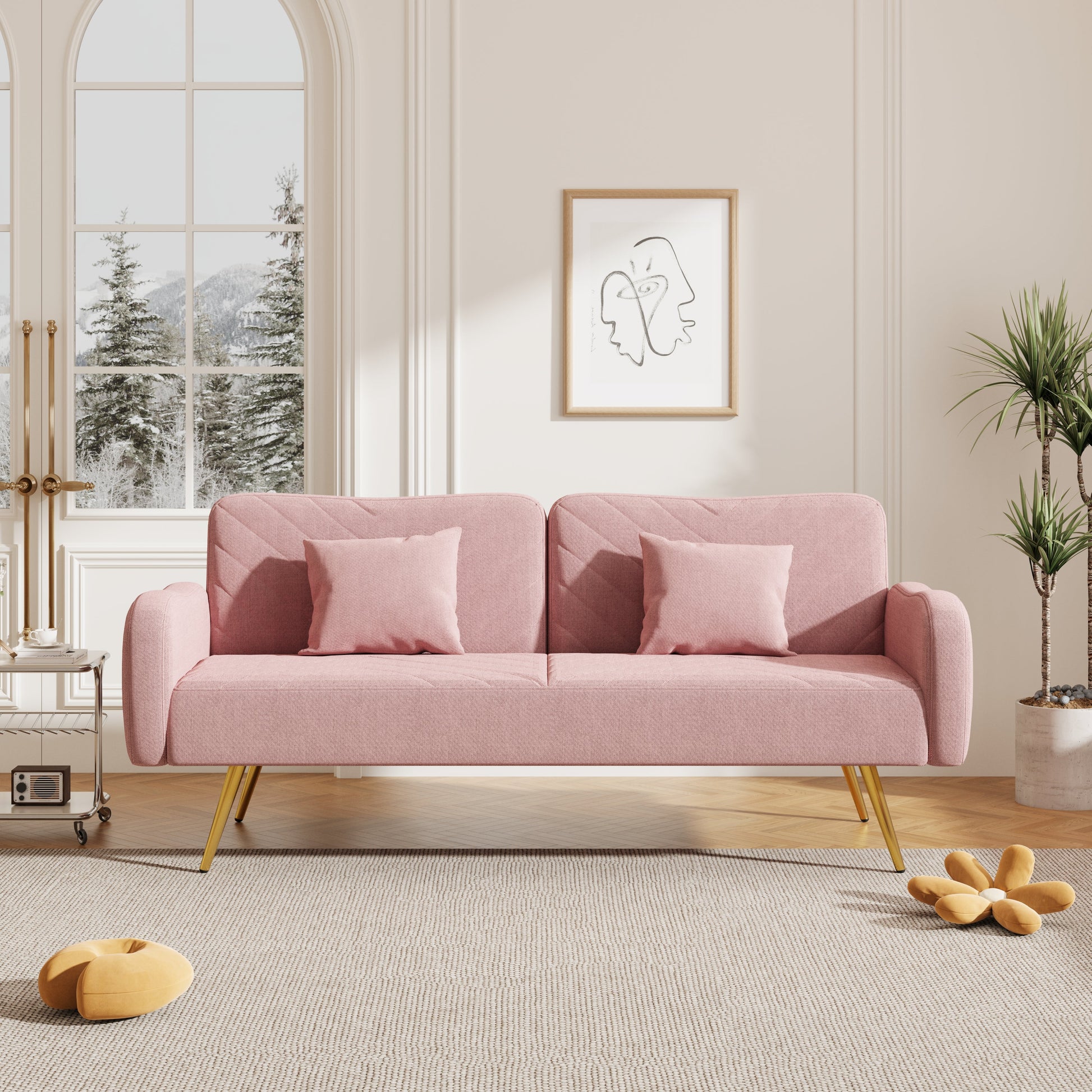 70.47" Pink Fabric Double Sofa with Split Backrest and Two Throw Pillows - Korvel